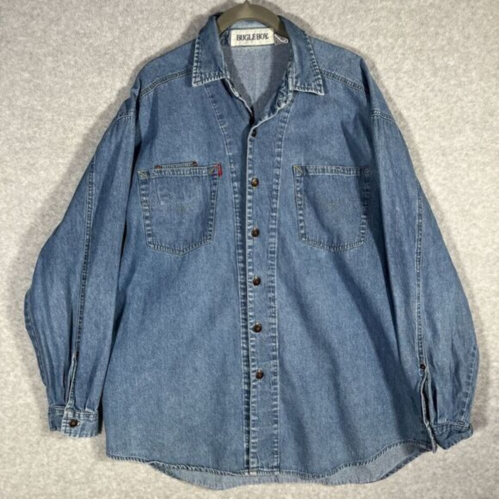 Classic Bugle Boy Heavy Denim Long Sleeve Metal Button Up Shirt/Jacket XL‎